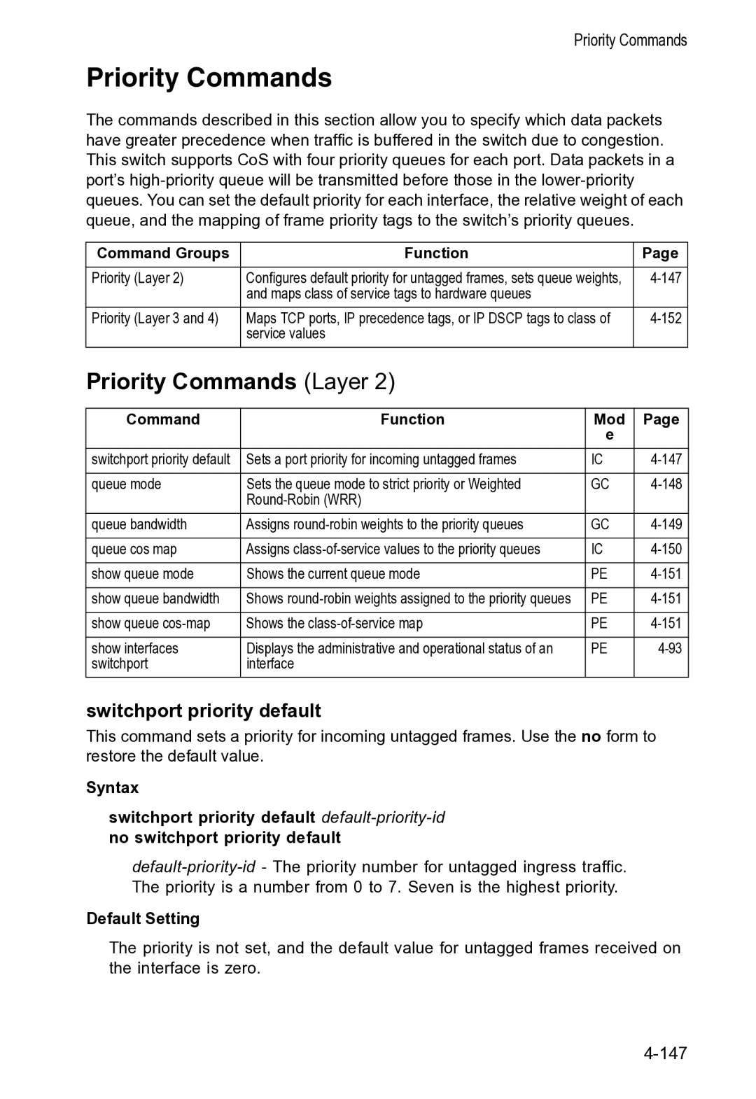 Accton Technology VS4512DC manual Priority Commands Layer, Switchport priority default 