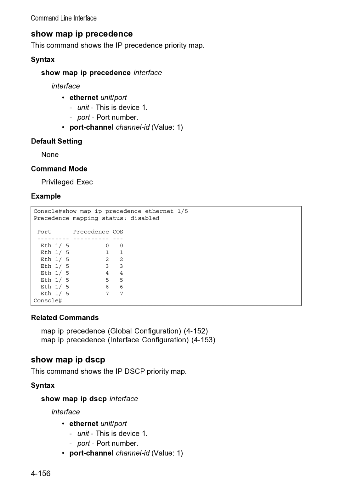 Accton Technology VS4512DC manual Show map ip dscp, Syntax Show map ip precedence interface 