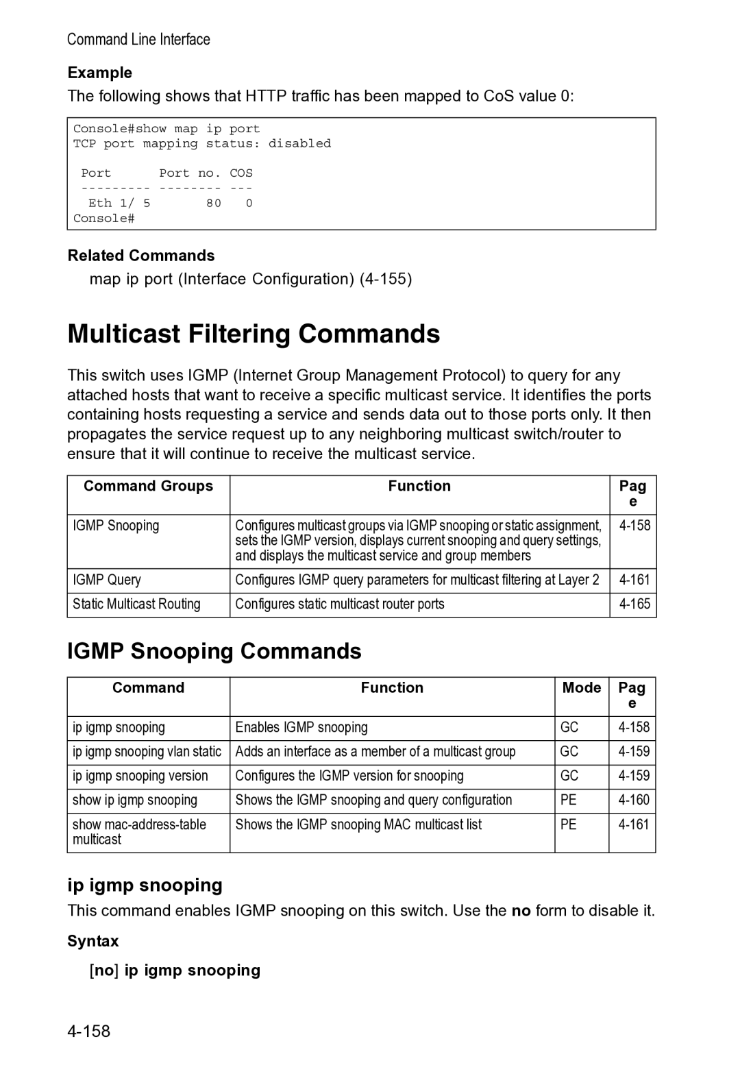 Accton Technology VS4512DC manual Multicast Filtering Commands, Igmp Snooping Commands, Ip igmp snooping 