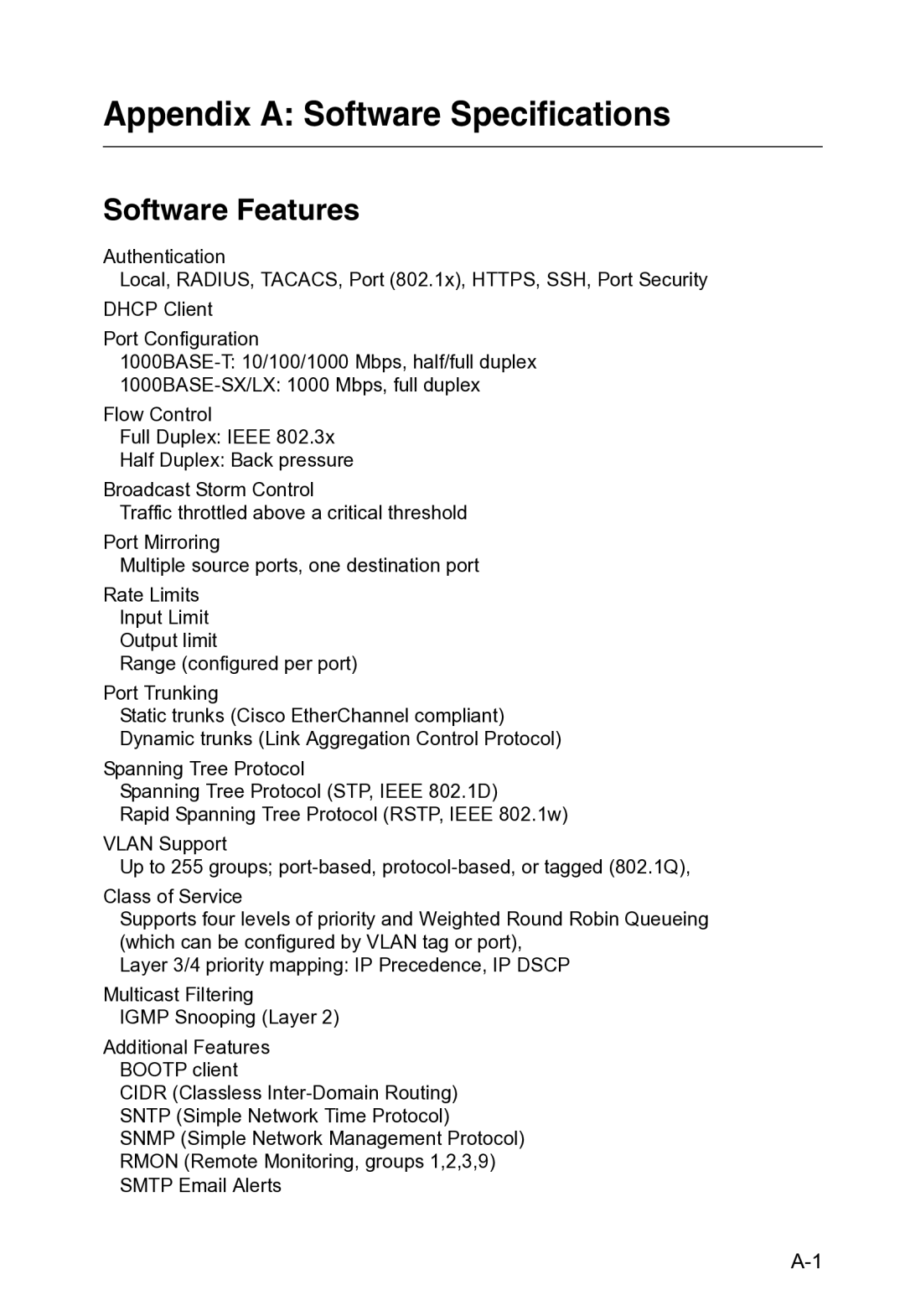 Accton Technology VS4512DC manual Appendix a Software Specifications, Software Features 