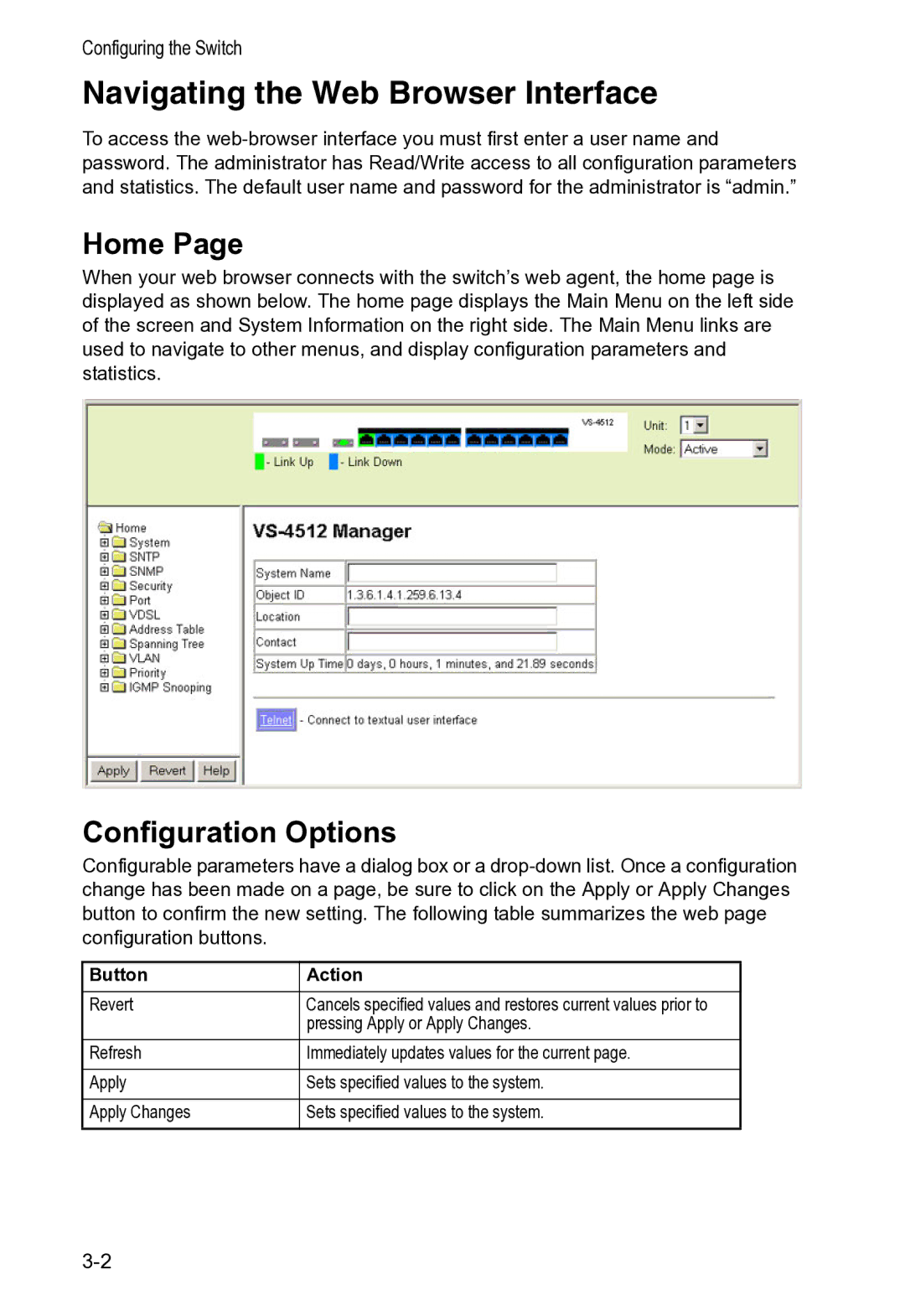 Accton Technology VS4512DC manual Navigating the Web Browser Interface, Home, Configuration Options, Button Action 