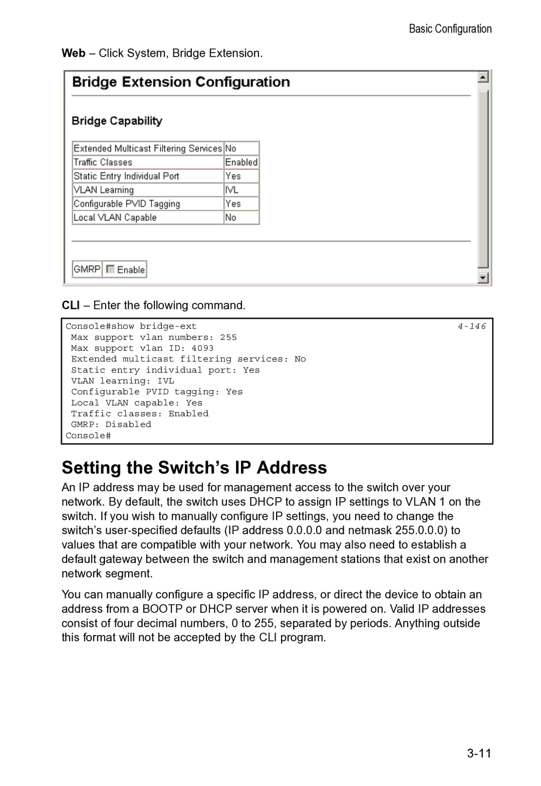 Accton Technology VS4512DC manual Setting the Switch’s IP Address, 146 