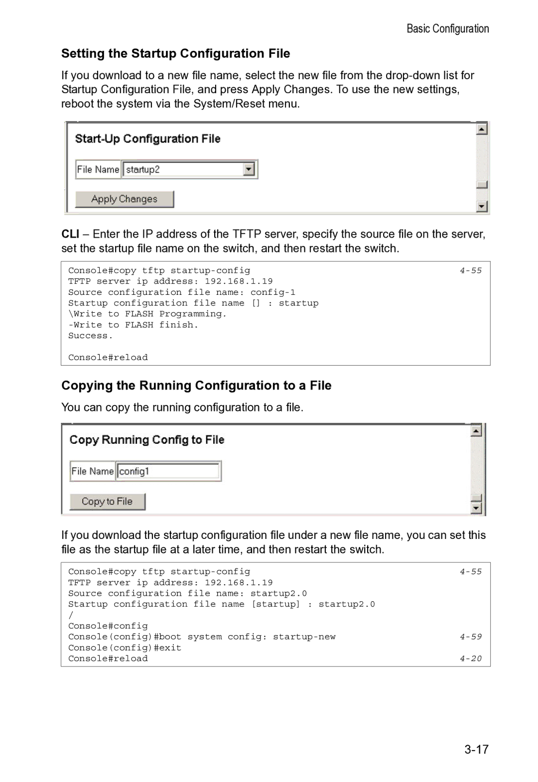 Accton Technology VS4512DC manual Setting the Startup Configuration File, Copying the Running Configuration to a File 