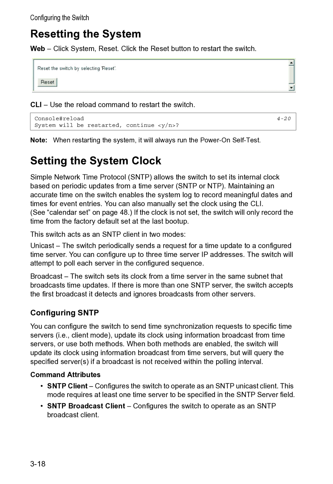 Accton Technology VS4512DC manual Resetting the System, Setting the System Clock, Configuring Sntp 