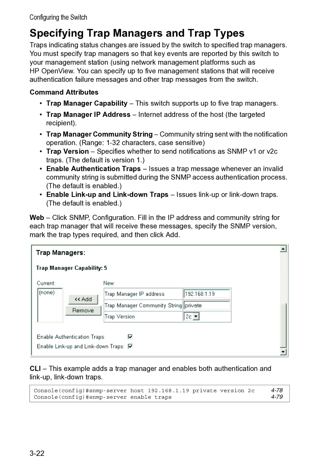 Accton Technology VS4512DC manual Specifying Trap Managers and Trap Types 