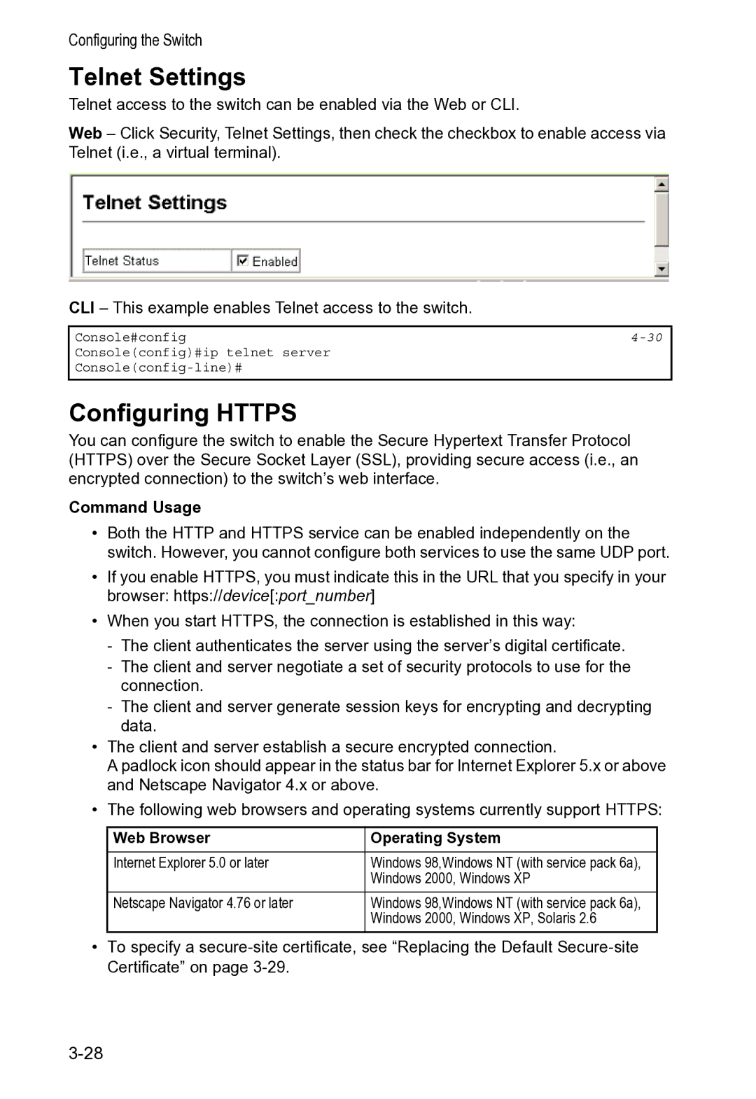 Accton Technology VS4512DC manual Telnet Settings, Configuring Https, Web Browser Operating System 