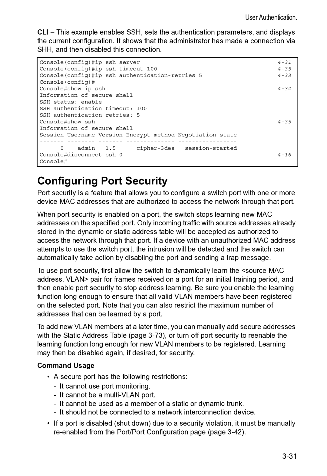 Accton Technology VS4512DC manual Configuring Port Security, Command Usage 