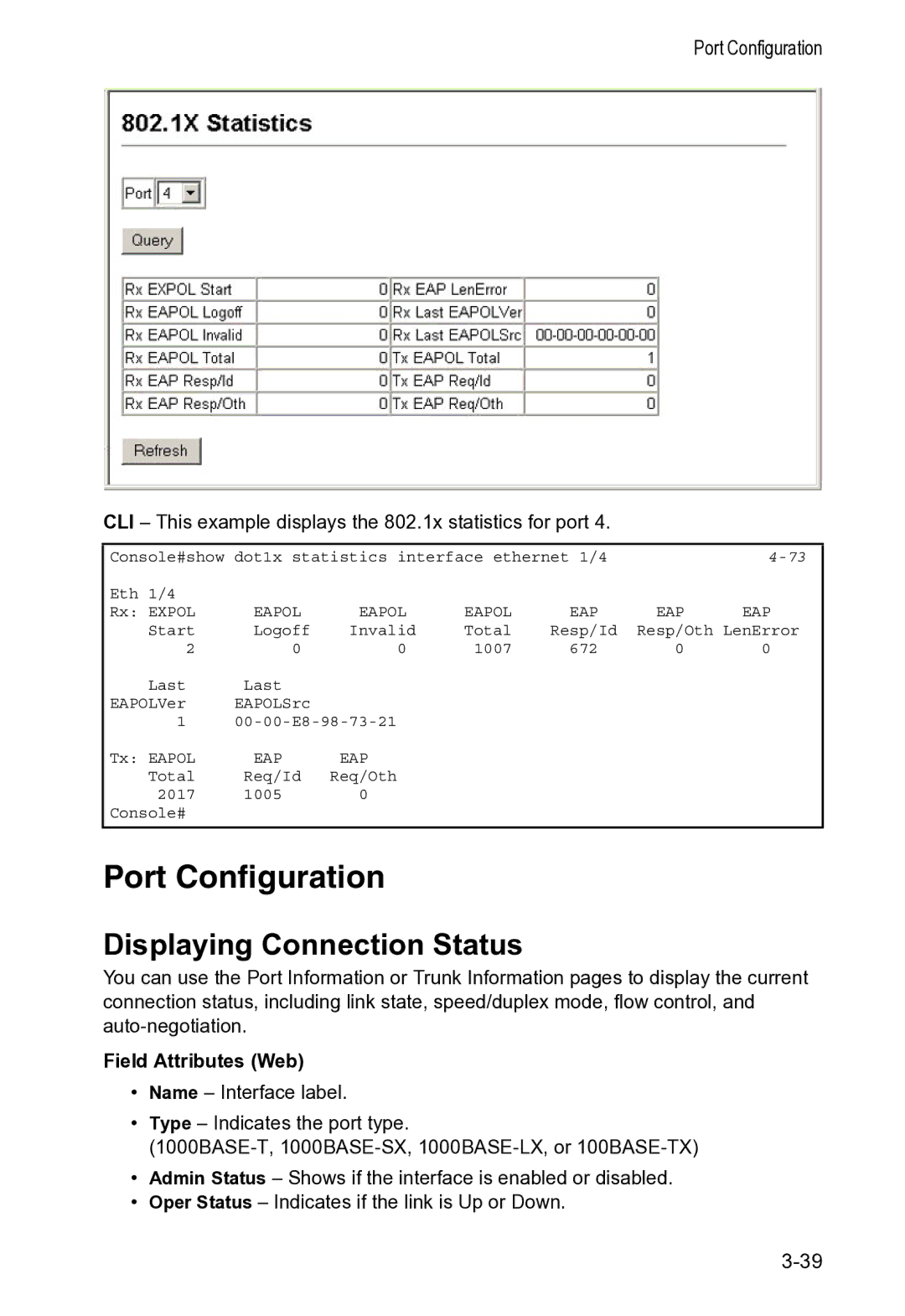 Accton Technology VS4512DC manual Port Configuration, Displaying Connection Status, Field Attributes Web 