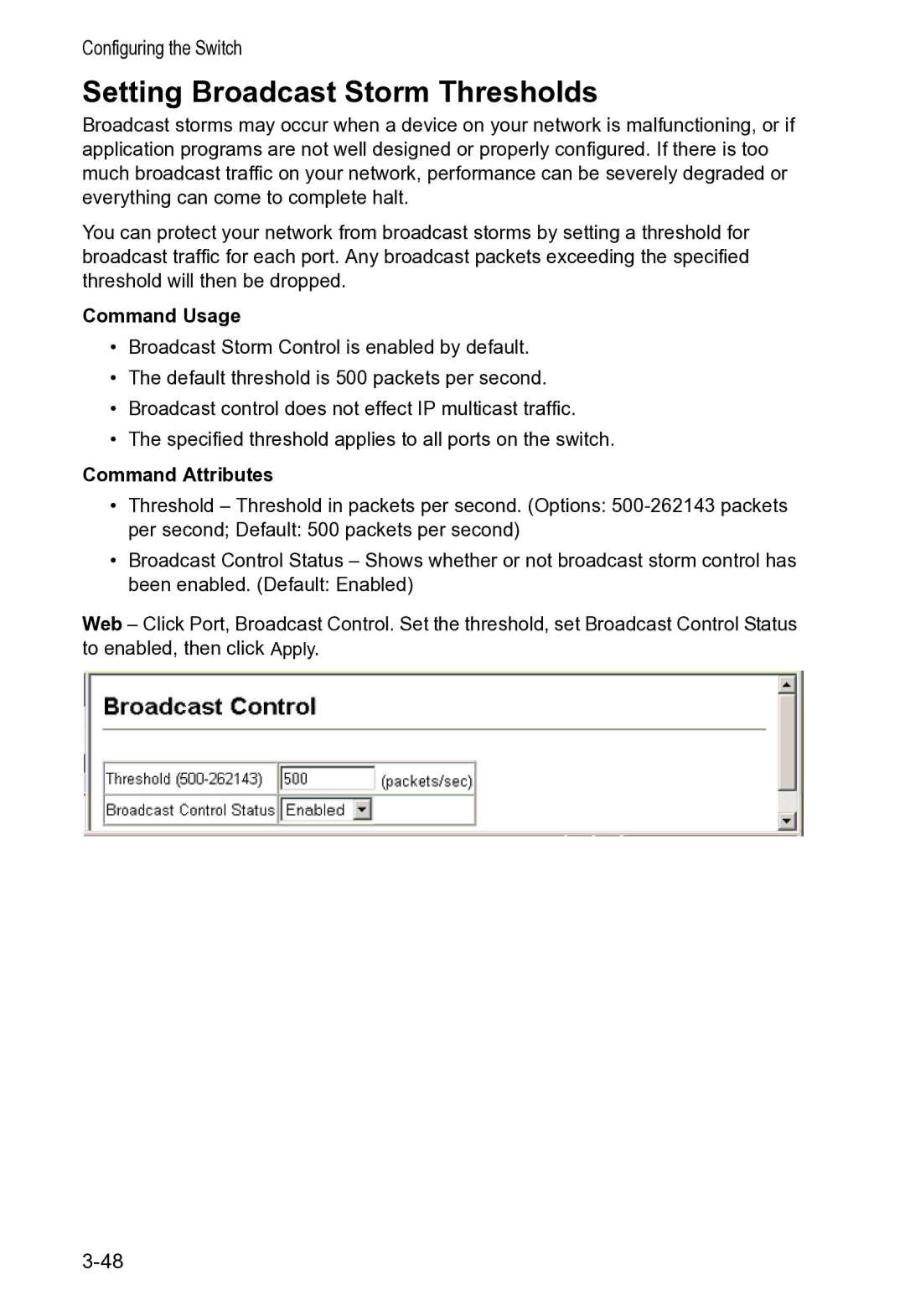 Accton Technology VS4512DC manual Setting Broadcast Storm Thresholds, Command Attributes 