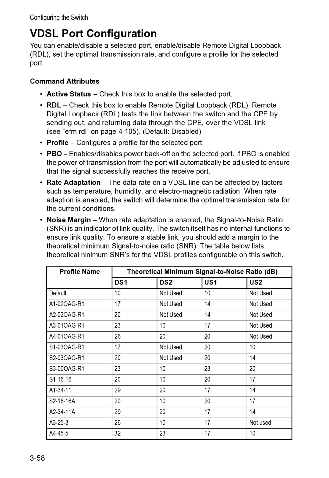 Accton Technology VS4512DC manual Vdsl Port Configuration, Profile Name Theoretical Minimum Signal-to-Noise Ratio dB 