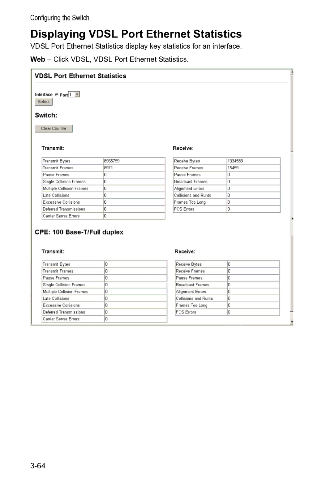 Accton Technology VS4512DC manual Displaying Vdsl Port Ethernet Statistics 