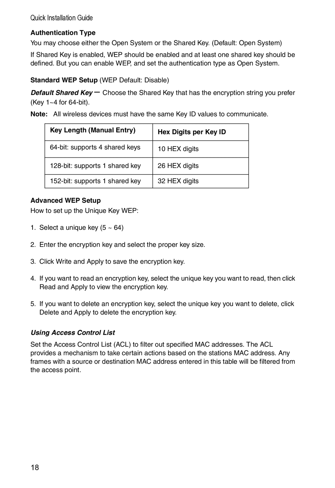 Accton Technology WA-5001 manual Authentication Type, Advanced WEP Setup 