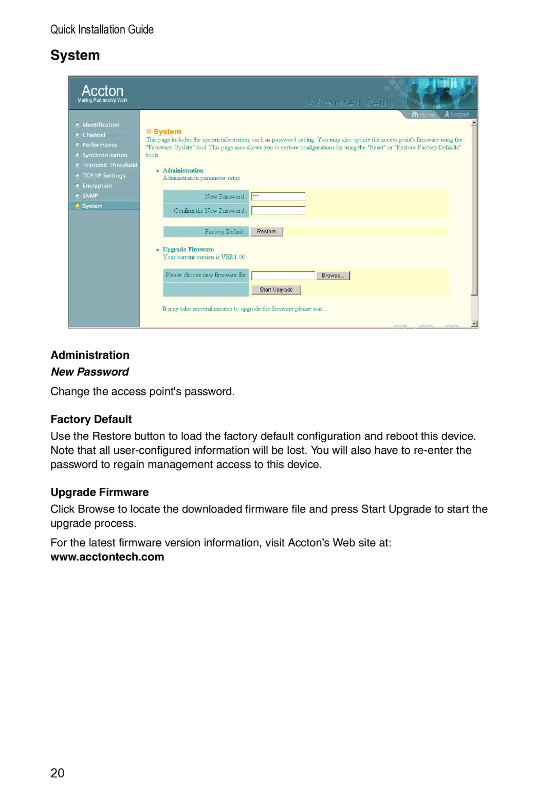 Accton Technology WA-5001 manual System, Administration, Factory Default, Upgrade Firmware 