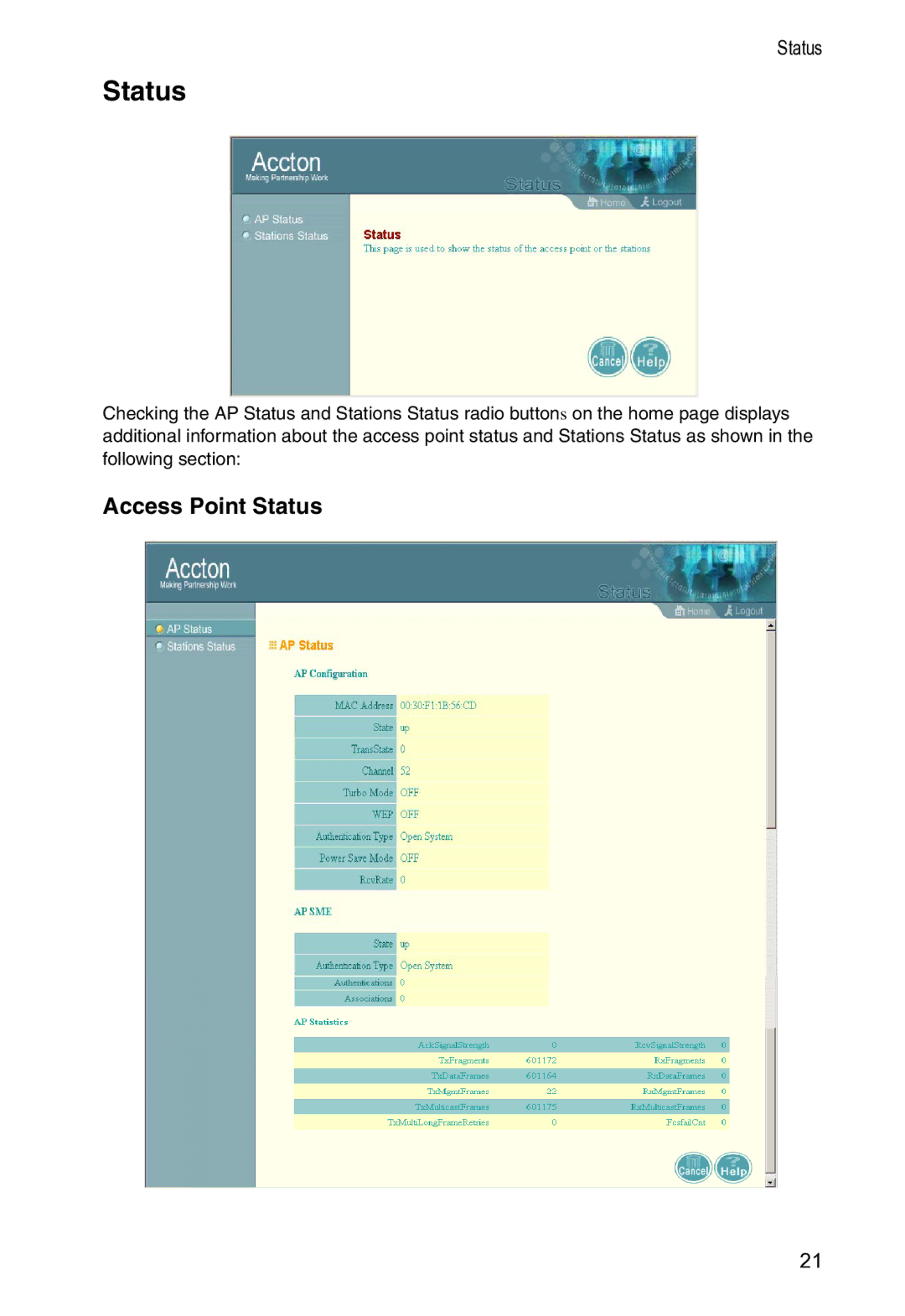 Accton Technology WA-5001 manual Access Point Status 