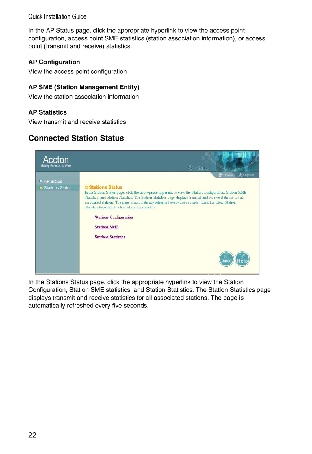 Accton Technology WA-5001 Connected Station Status, AP Configuration, AP SME Station Management Entity, AP Statistics 