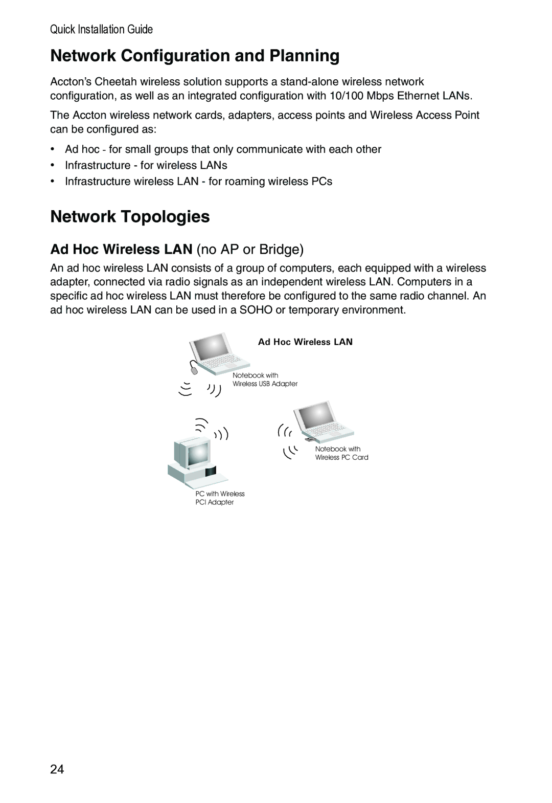 Accton Technology WA-5001 Network Configuration and Planning, Network Topologies, Ad Hoc Wireless LAN no AP or Bridge 