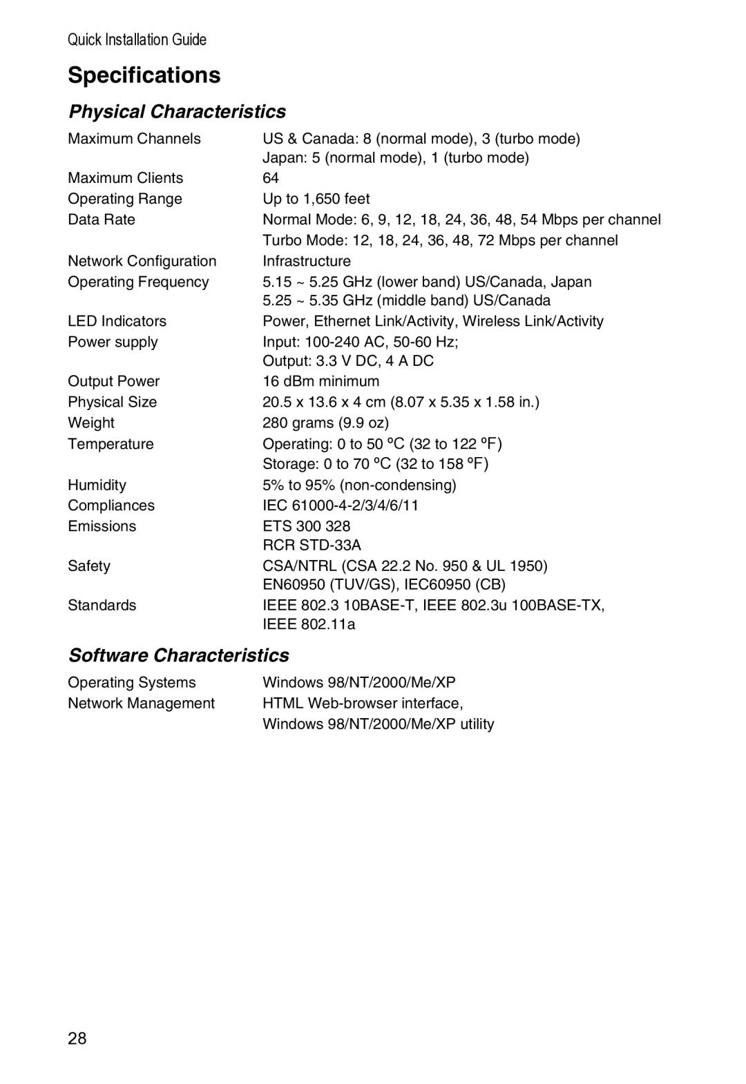 Accton Technology WA-5001 manual Specifications, Physical Characteristics 