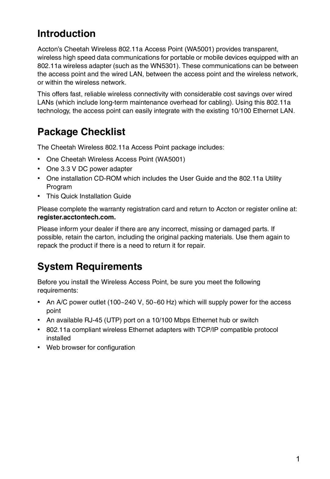 Accton Technology WA-5001 manual Introduction, Package Checklist, System Requirements, Register.acctontech.com 