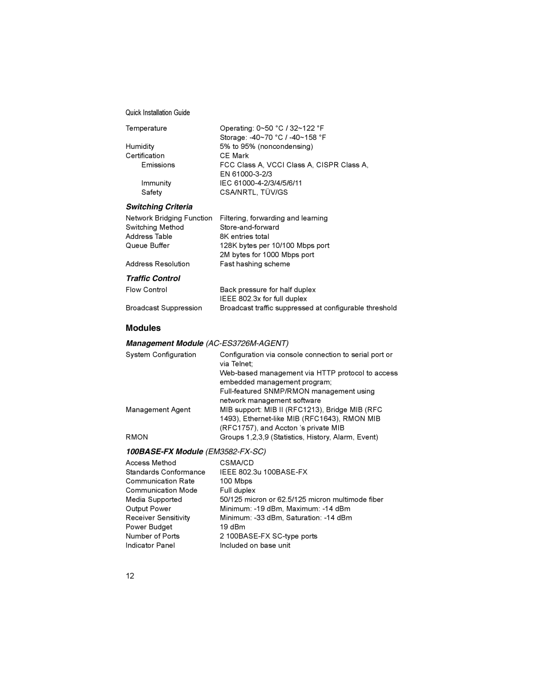 Accton Technology CheetaSwitch Workgroup-3726M manual Modules, Switching Criteria 