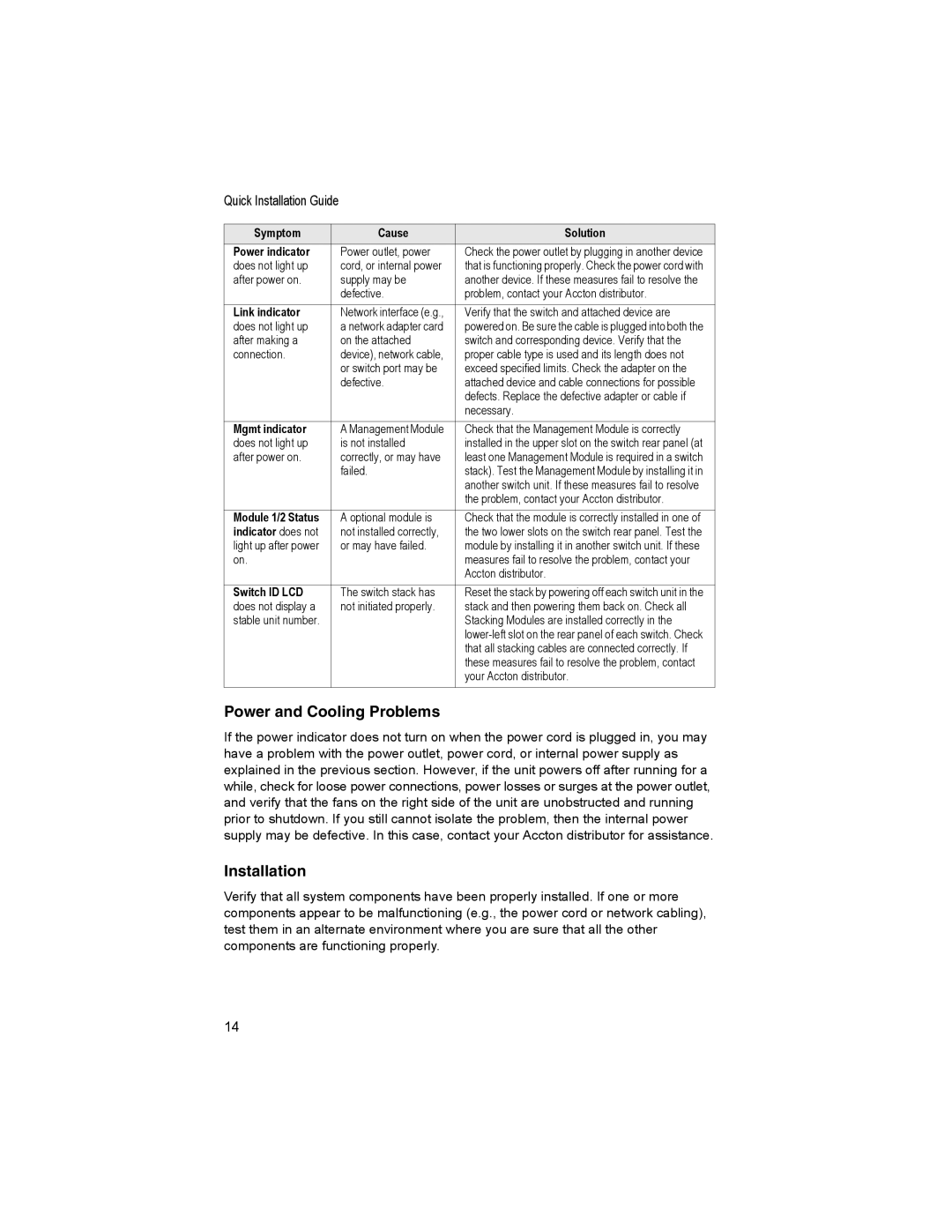 Accton Technology CheetaSwitch Workgroup-3726M manual Power and Cooling Problems, Installation 