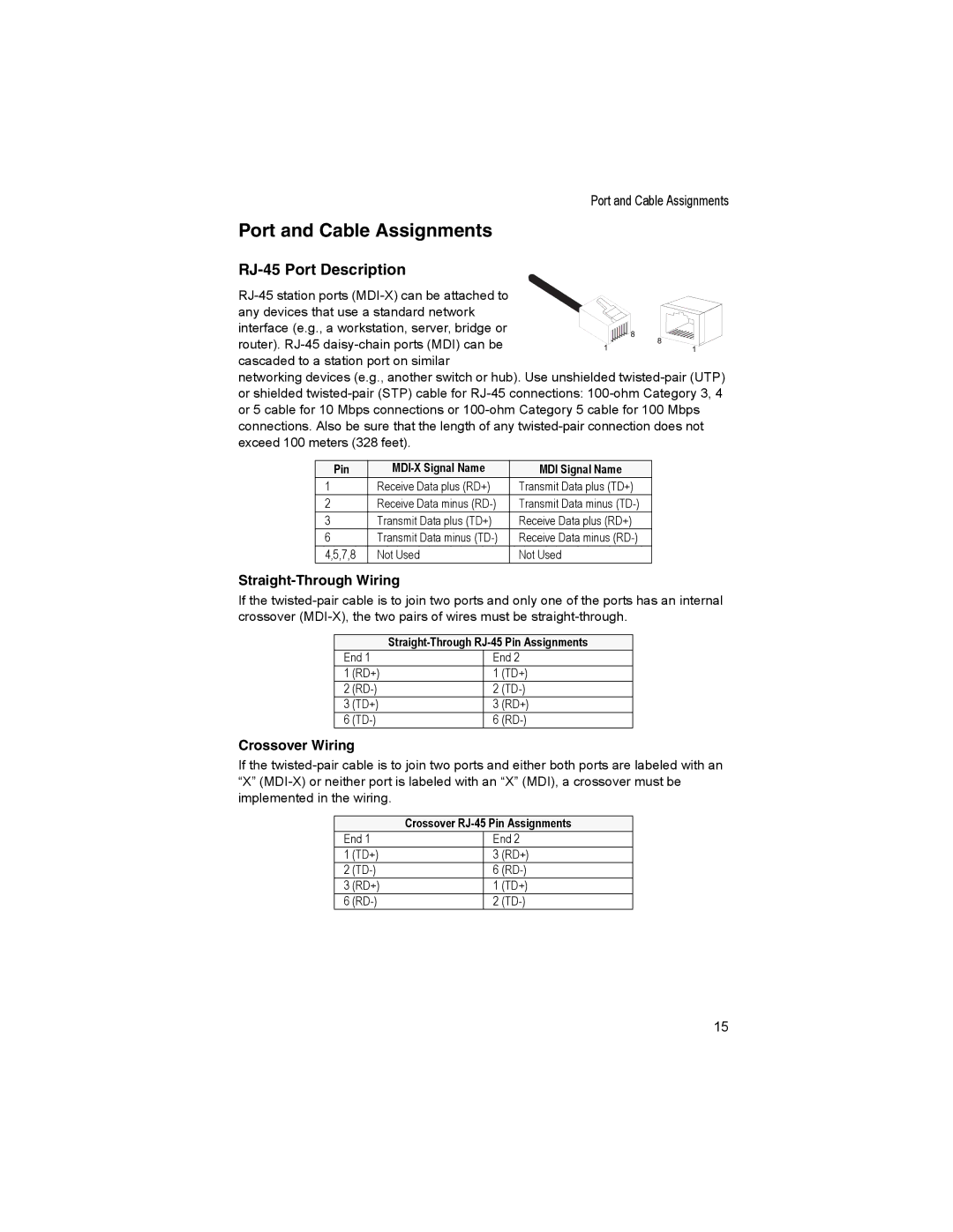 Accton Technology CheetaSwitch Workgroup-3726M manual Port and Cable Assignments, RJ-45 Port Description 