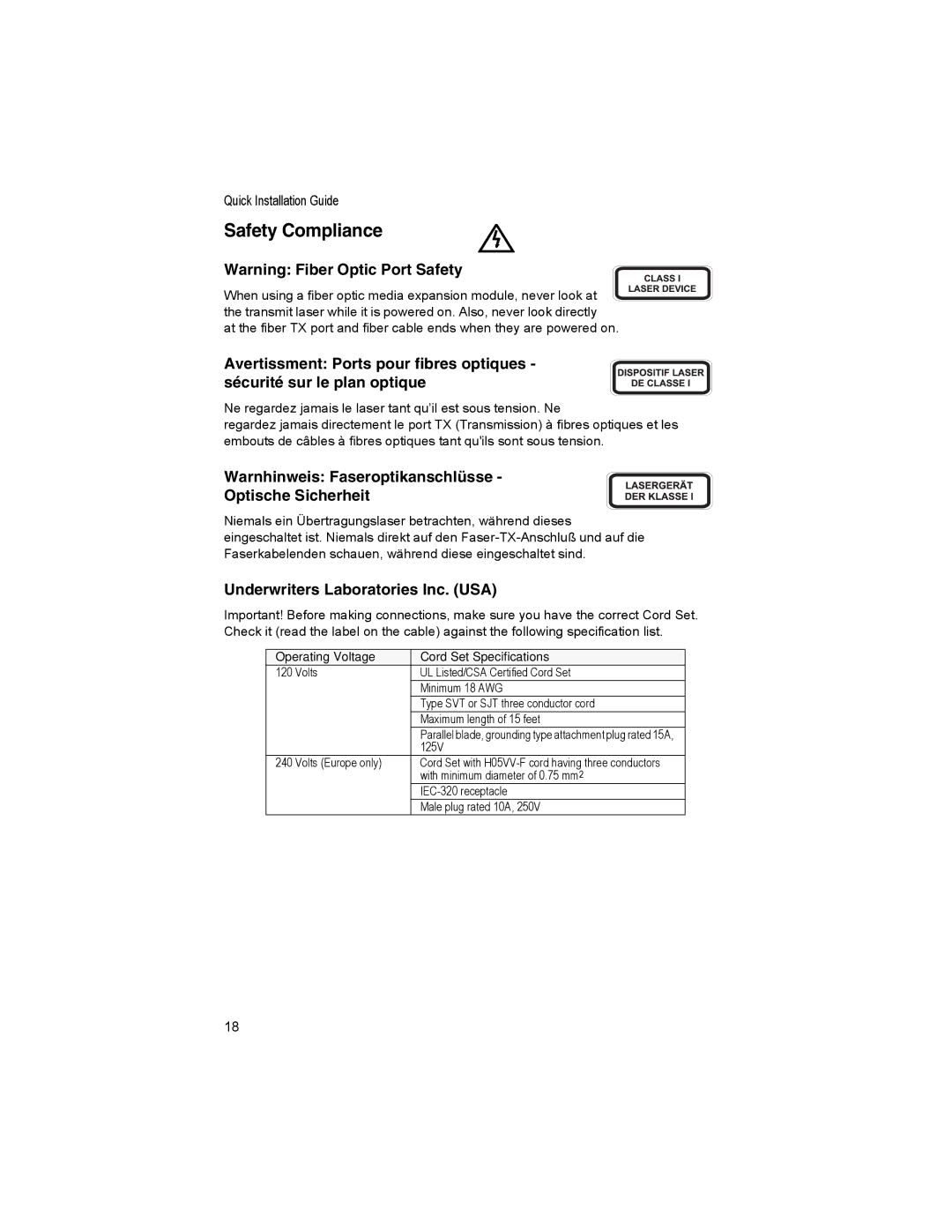 Accton Technology Workgroup-3726M manual Safety Compliance, Warnhinweis Faseroptikanschlüsse Optische Sicherheit 