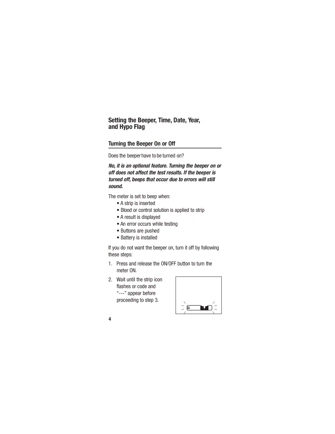 Accu-Chek 98/79/EC manual Setting the Beeper, Time, Date, Year, and Hypo Flag, Turning the Beeper On or Off, Proceeding to 