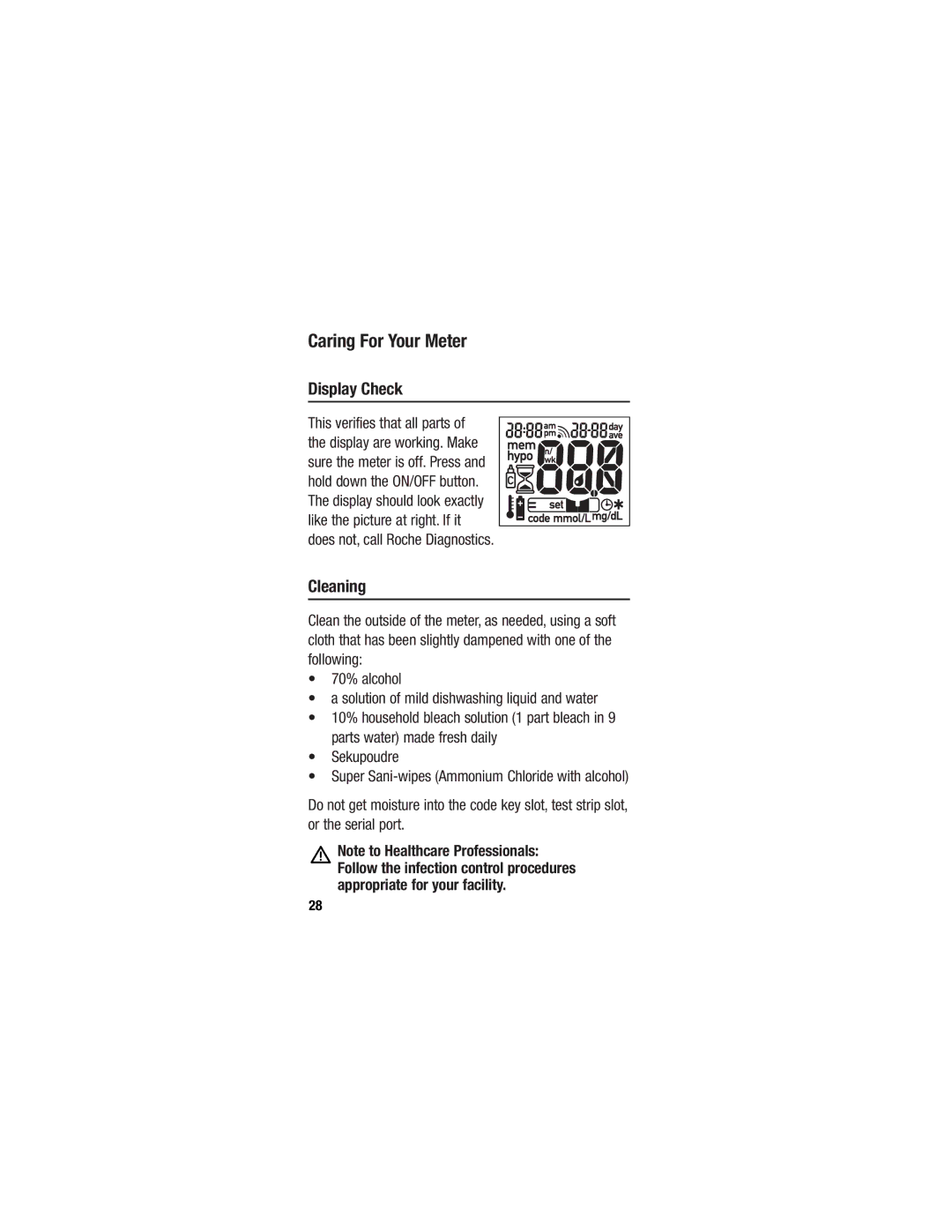 Accu-Chek 98/79/EC manual Caring For Your Meter, Display Check, Cleaning 