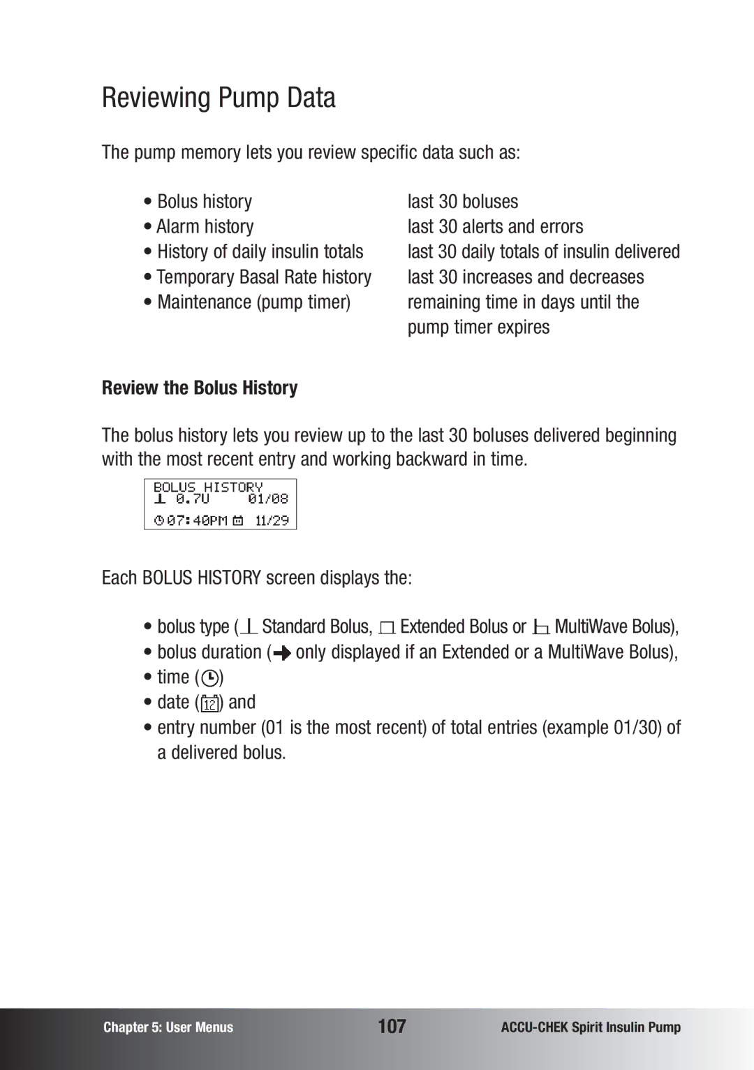 Accu-Chek insulin pump manual Reviewing Pump Data, Review the Bolus History, Each Bolus History screen displays, 107 