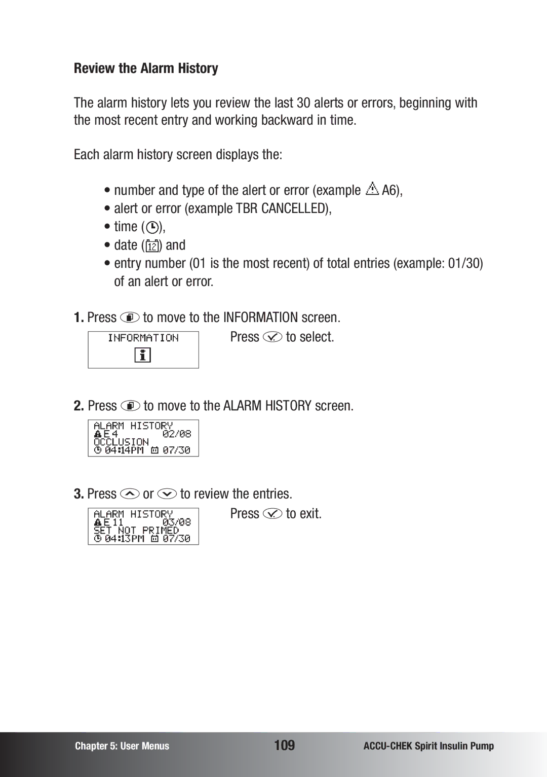 Accu-Chek insulin pump manual Review the Alarm History, 109 