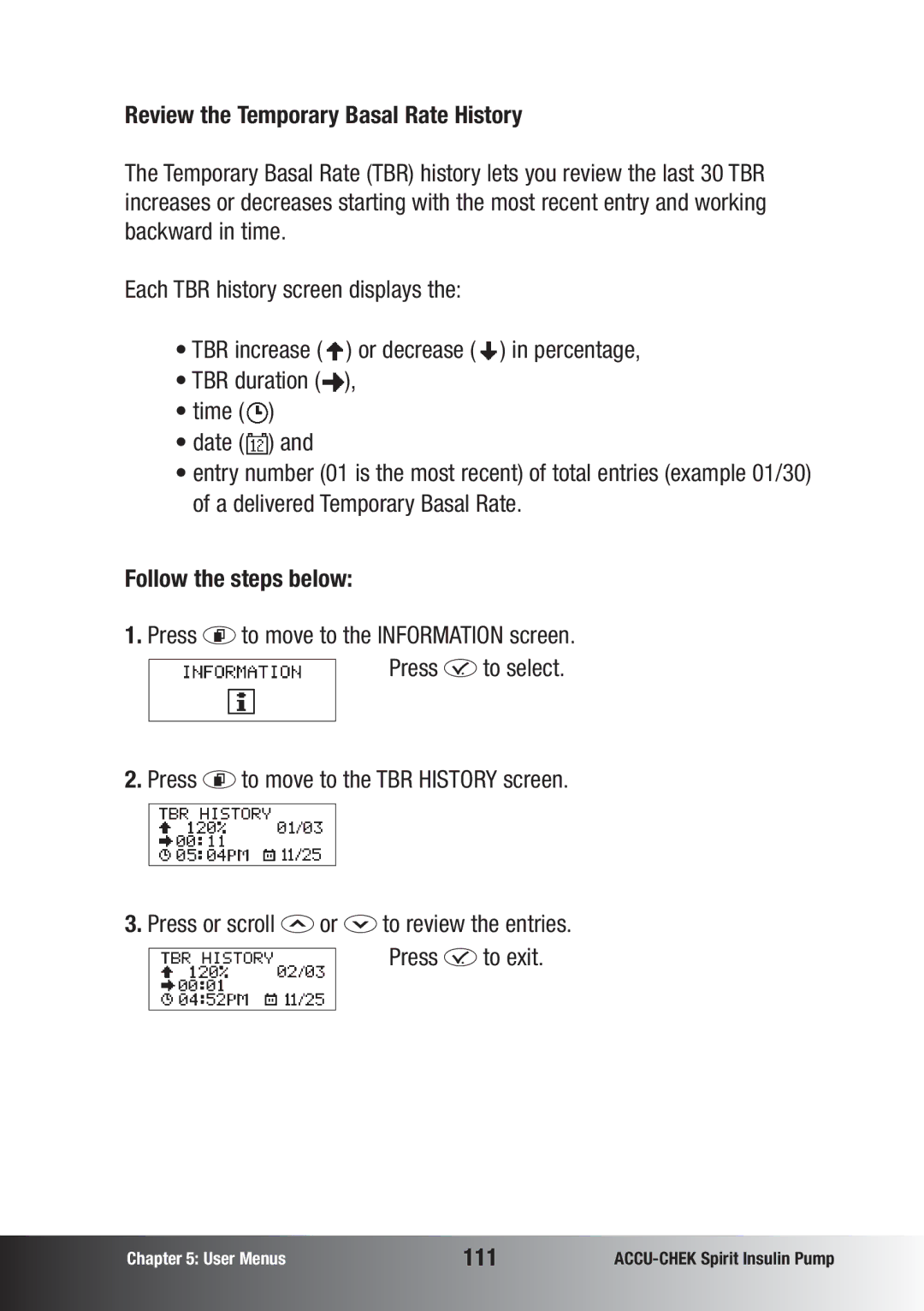 Accu-Chek insulin pump manual Review the Temporary Basal Rate History, 111 