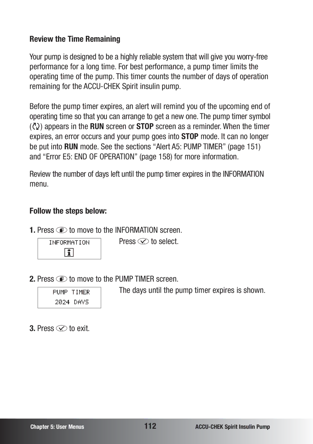 Accu-Chek insulin pump manual Review the Time Remaining, 112 