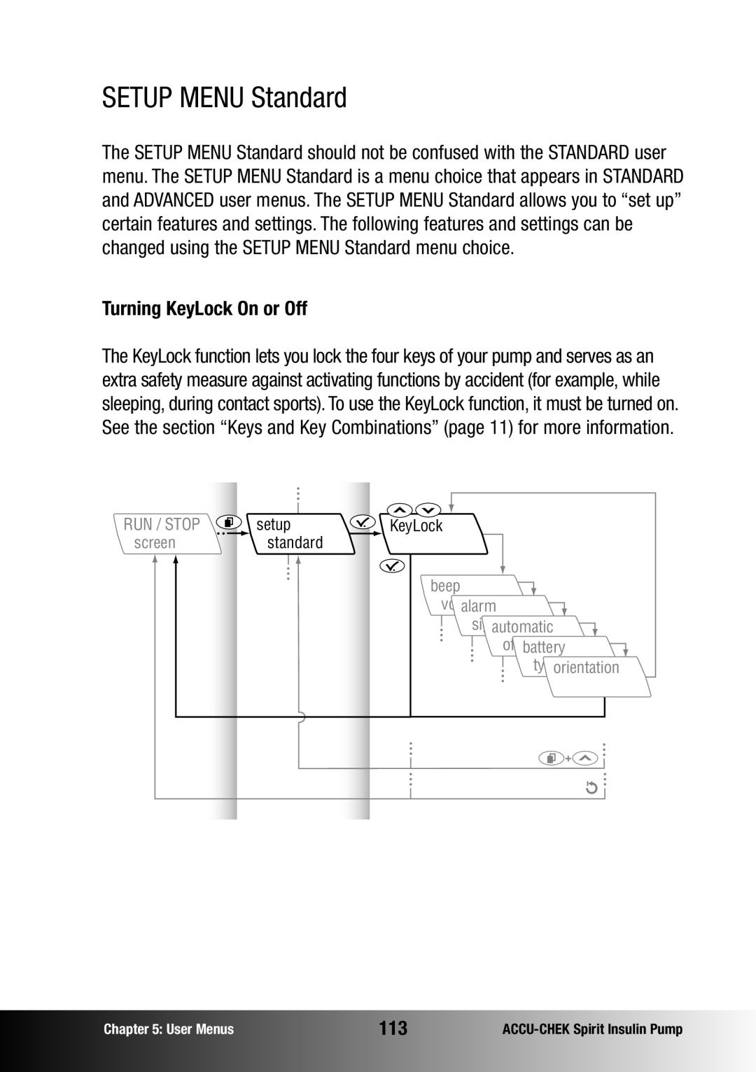 Accu-Chek insulin pump manual Setup Menu Standard, Turning KeyLock On or Off, 113 