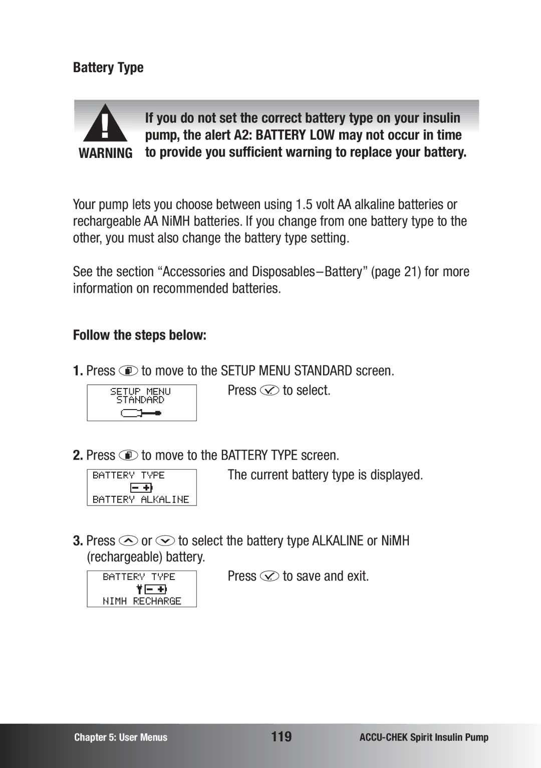 Accu-Chek insulin pump manual Battery Type, 119 