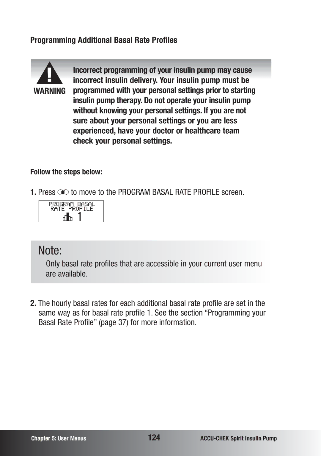 Accu-Chek insulin pump manual Programming Additional Basal Rate Profiles, Check your personal settings, 124 