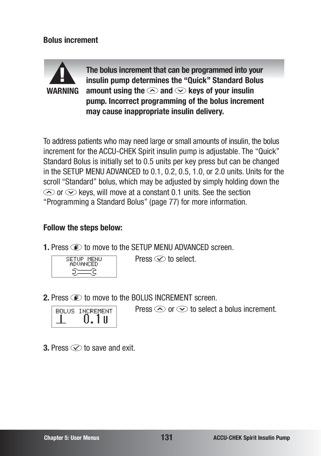 Accu-Chek insulin pump manual Bolus increment, May cause inappropriate insulin delivery, 131 