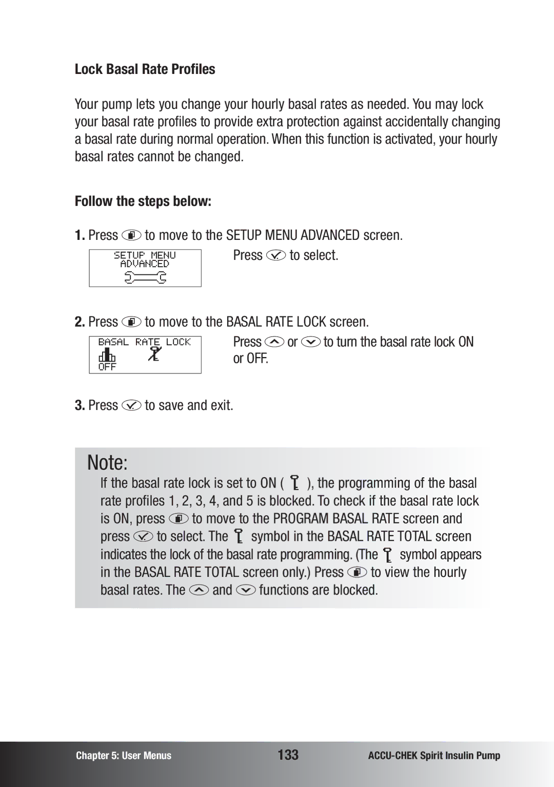 Accu-Chek insulin pump manual Lock Basal Rate Profiles, 133 