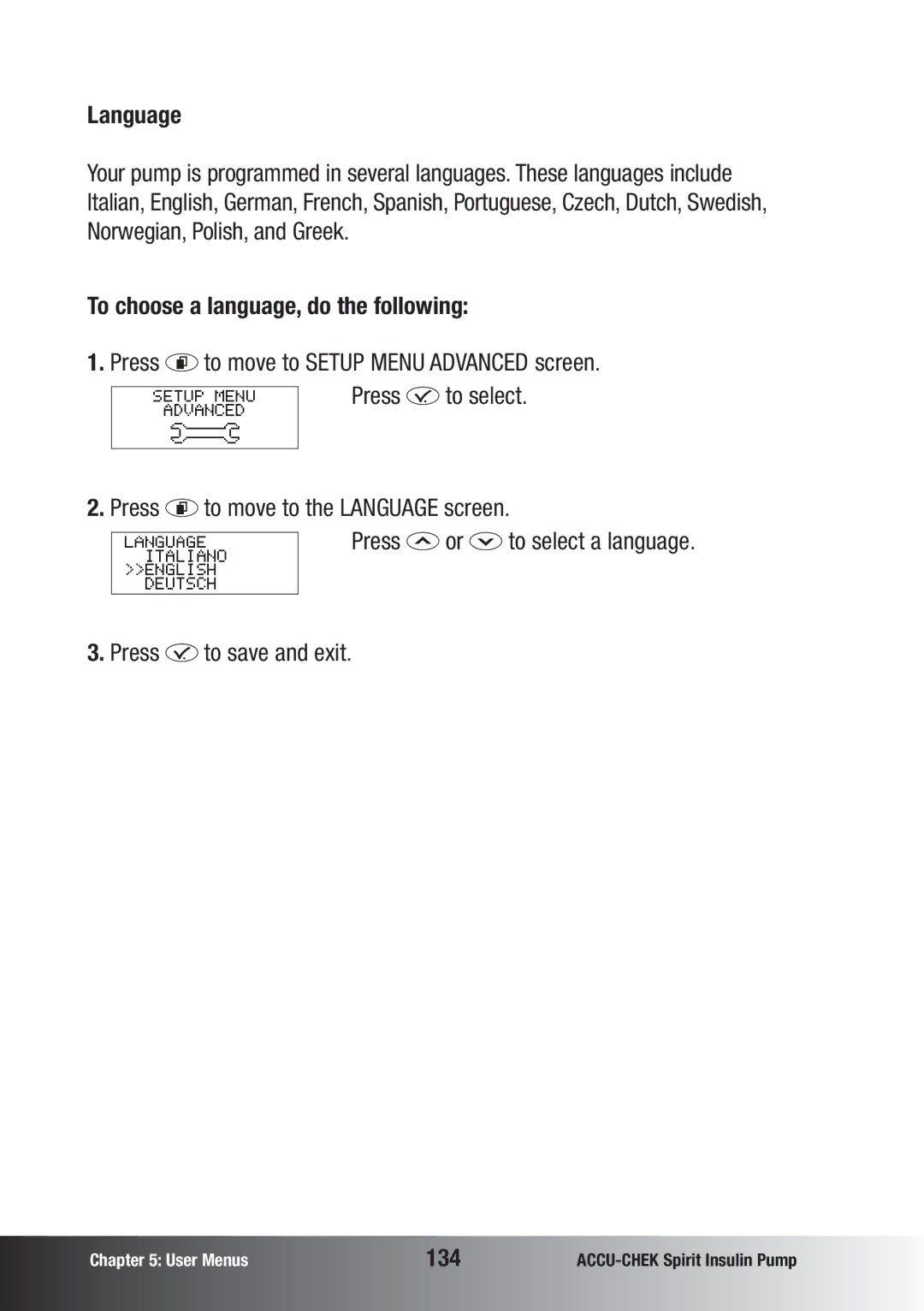 Accu-Chek insulin pump manual Language, To choose a language, do the following, 134 