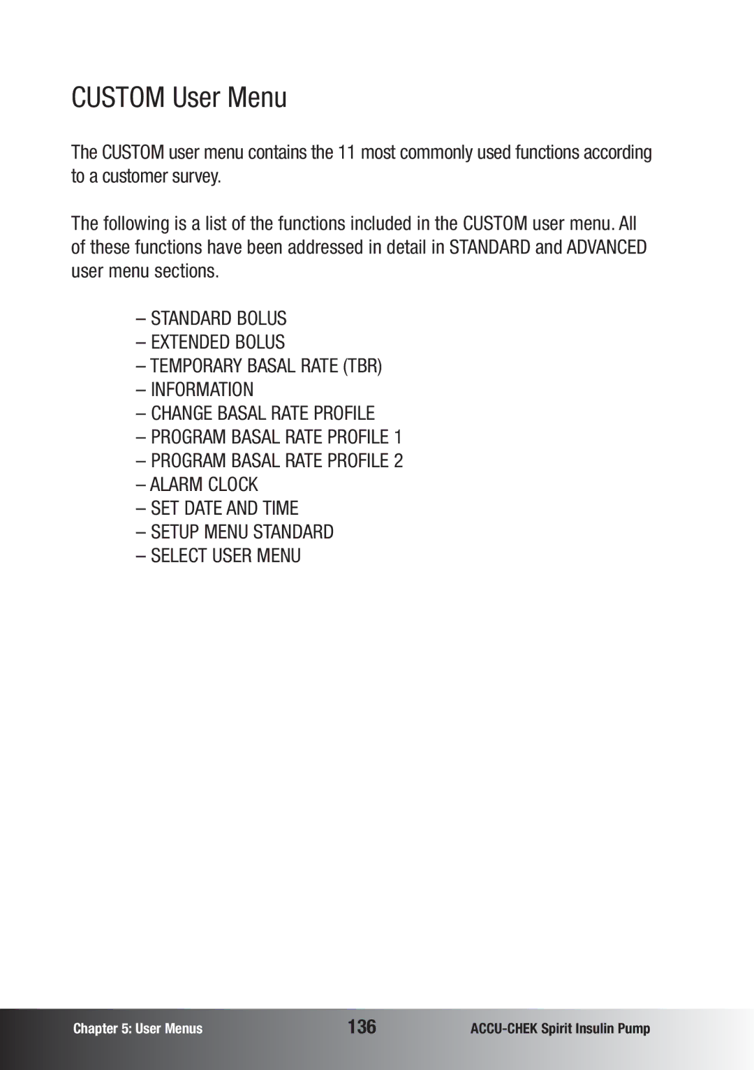 Accu-Chek insulin pump manual Custom User Menu, 136 