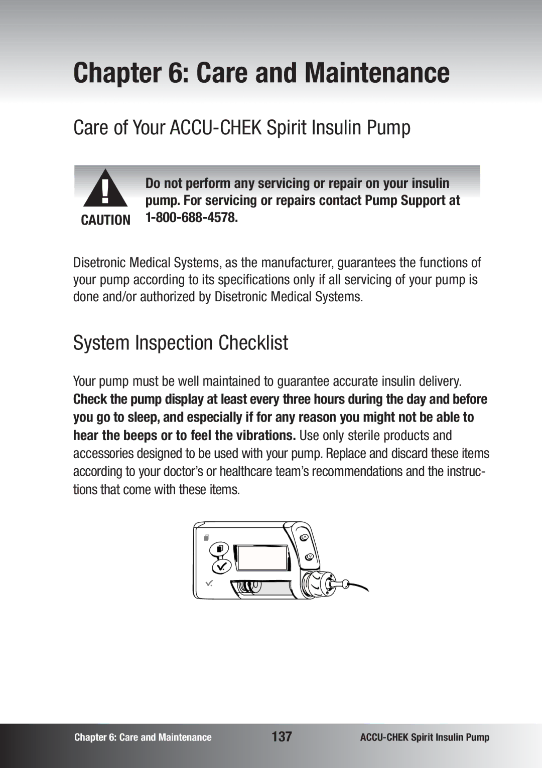 Accu-Chek insulin pump manual Care of Your ACCU-CHEK Spirit Insulin Pump, System Inspection Checklist, 137 