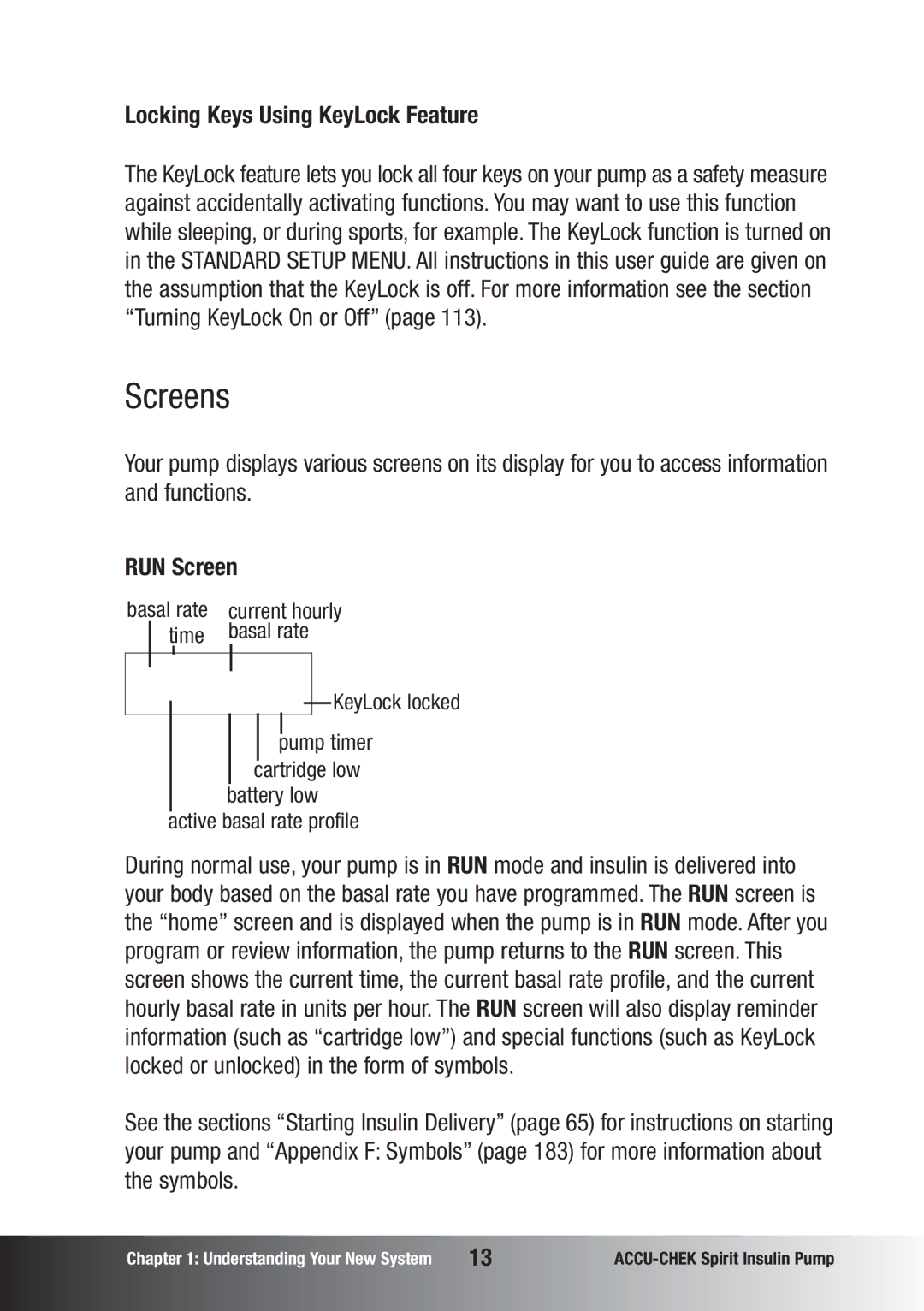 Accu-Chek insulin pump manual Screens, Locking Keys Using KeyLock Feature, RUN Screen 