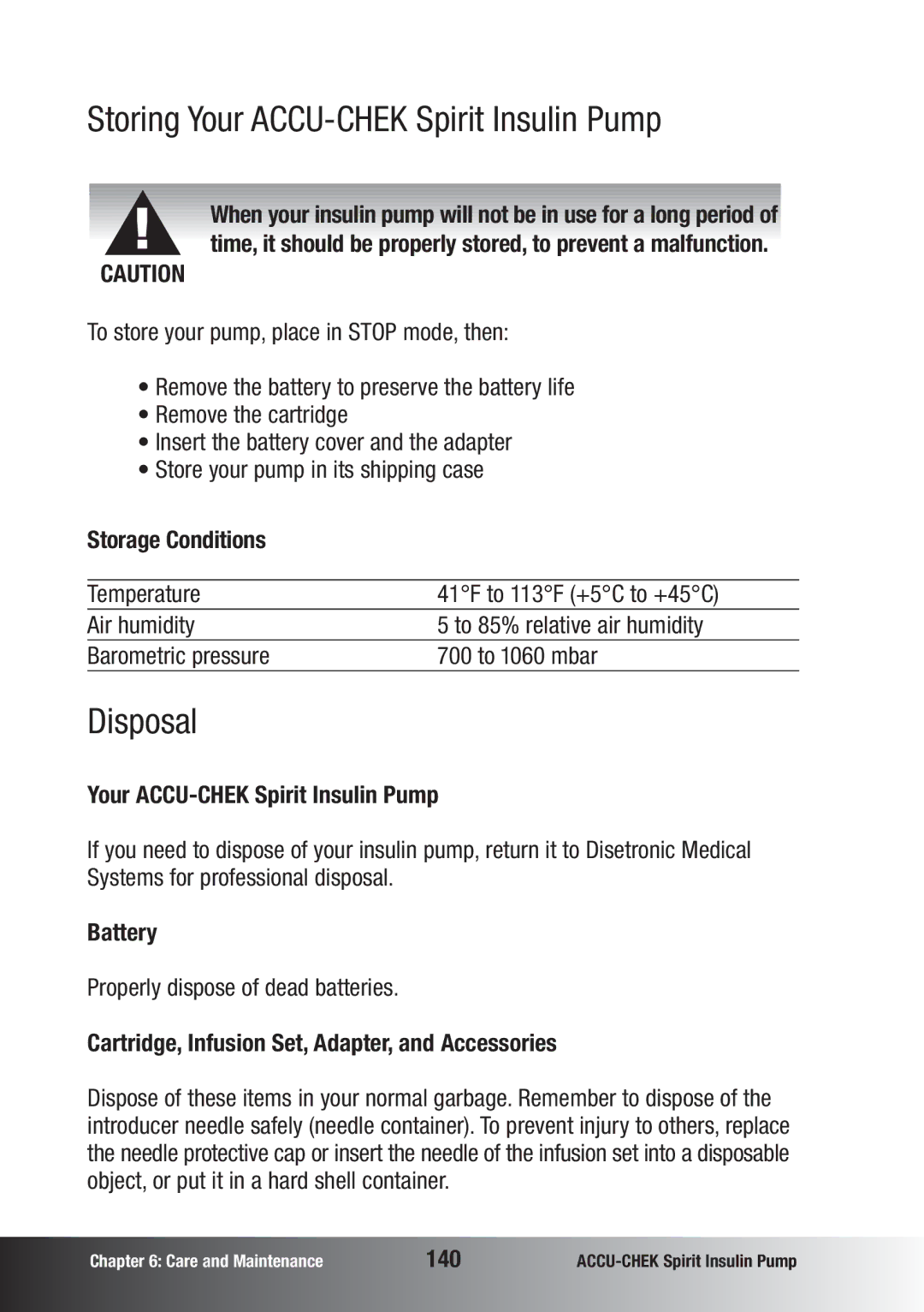 Accu-Chek insulin pump manual Storing Your ACCU-CHEK Spirit Insulin Pump, Disposal 