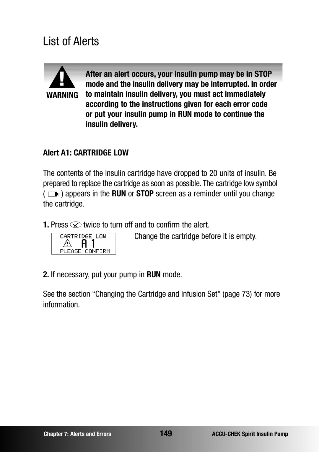 Accu-Chek insulin pump manual List of Alerts, Alert A1 Cartridge LOW, 149 