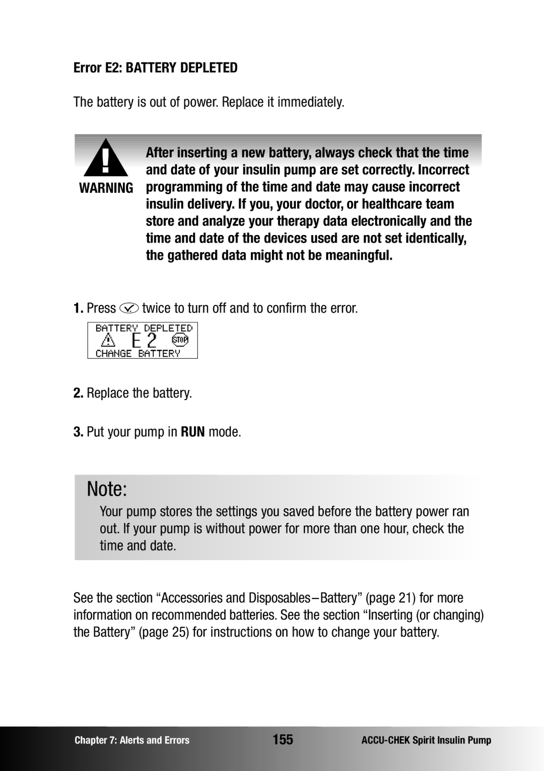 Accu-Chek insulin pump manual Error E2 Battery Depleted, Battery is out of power. Replace it immediately, 155 