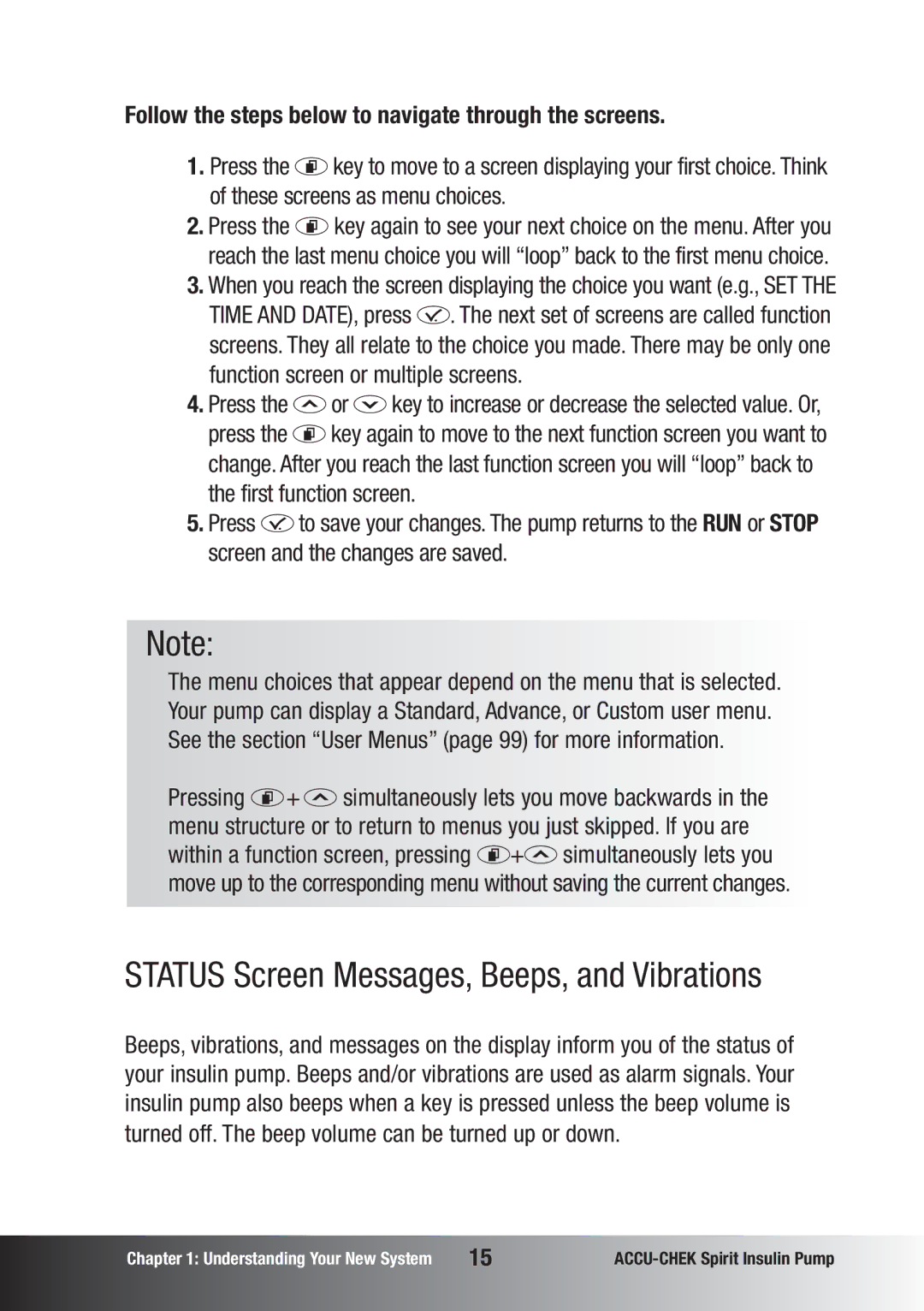 Accu-Chek insulin pump manual Status Screen Messages, Beeps, and Vibrations 