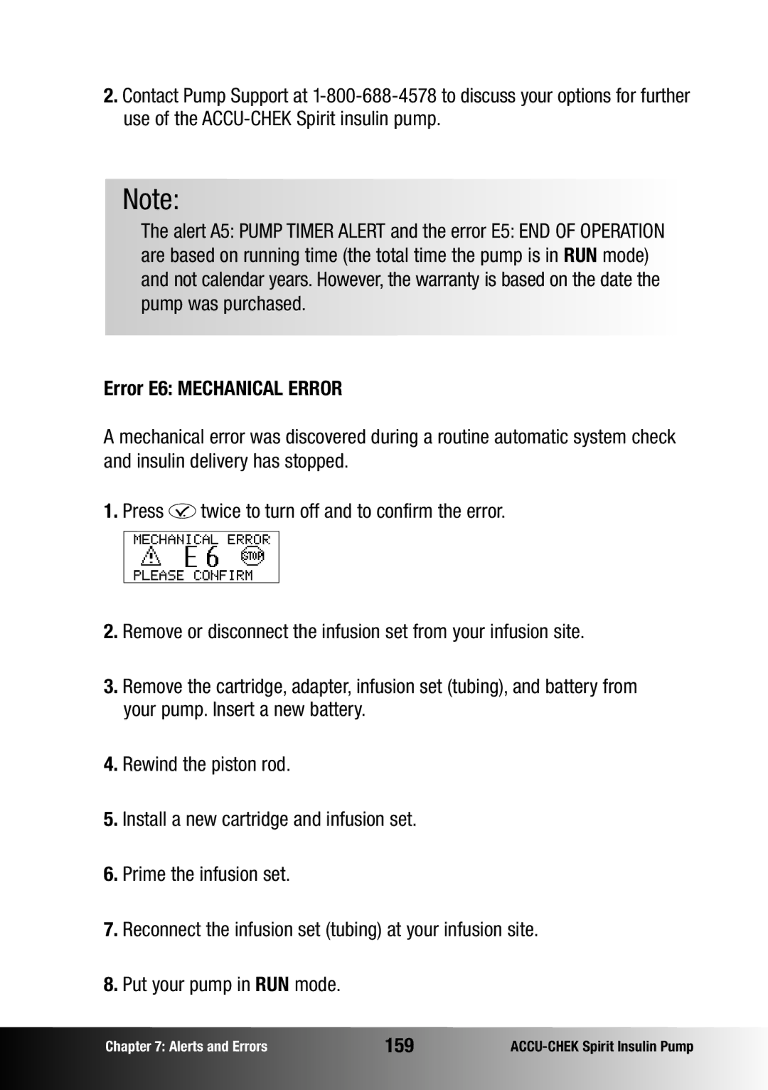 Accu-Chek insulin pump manual Error E6 Mechanical Error, 159 