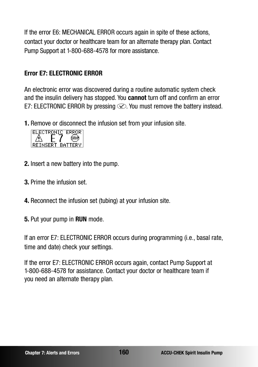 Accu-Chek insulin pump manual Error E7 Electronic Error, 160 