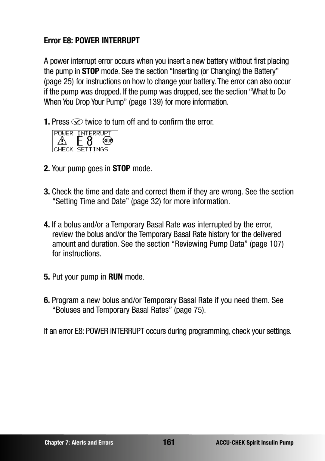 Accu-Chek insulin pump manual Error E8 Power Interrupt, 161 