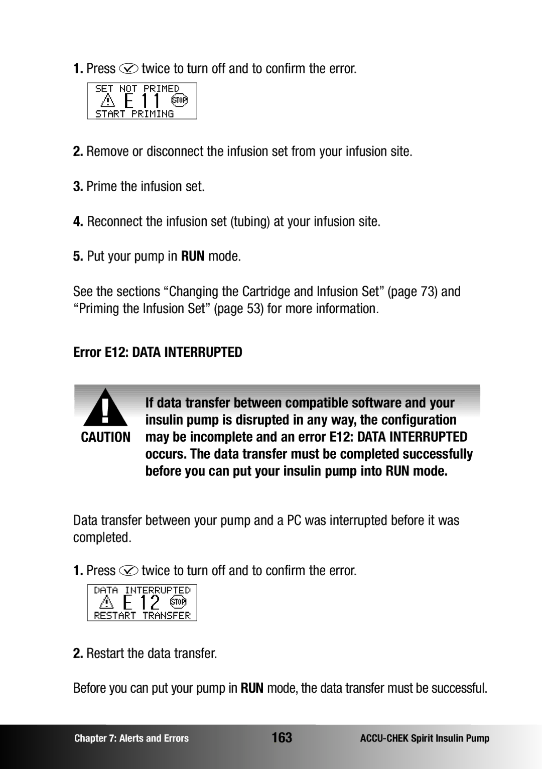 Accu-Chek insulin pump manual Error E12 Data Interrupted, 163 