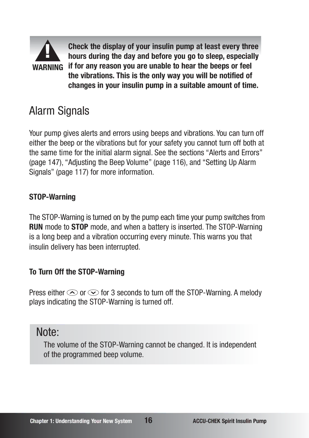 Accu-Chek insulin pump manual Alarm Signals, To Turn Off the STOP-Warning 